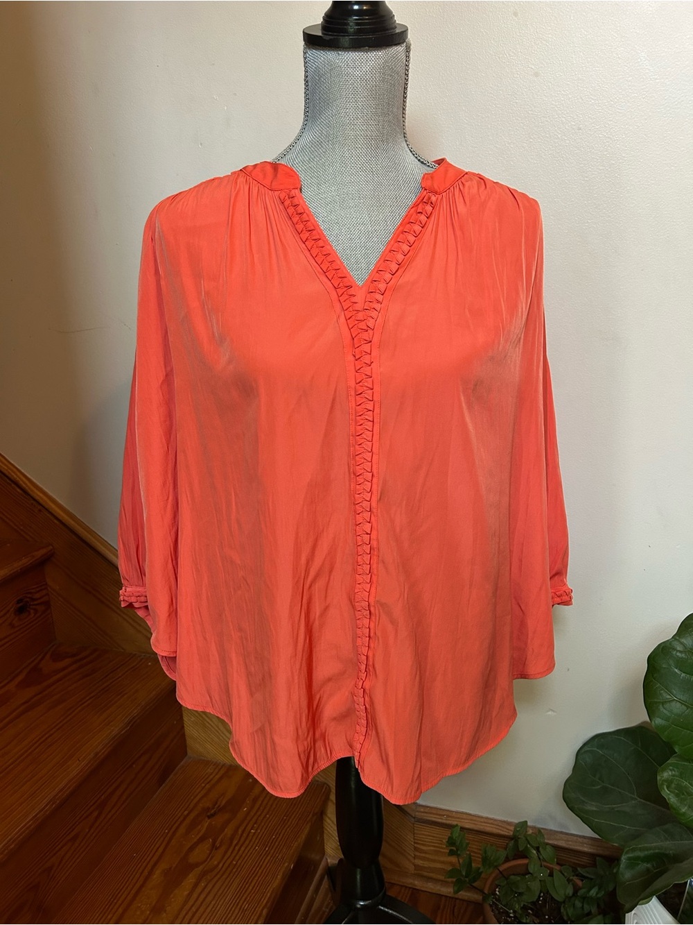 Chico's Coral V-Neck Tunic Shawl with Braided Trim
